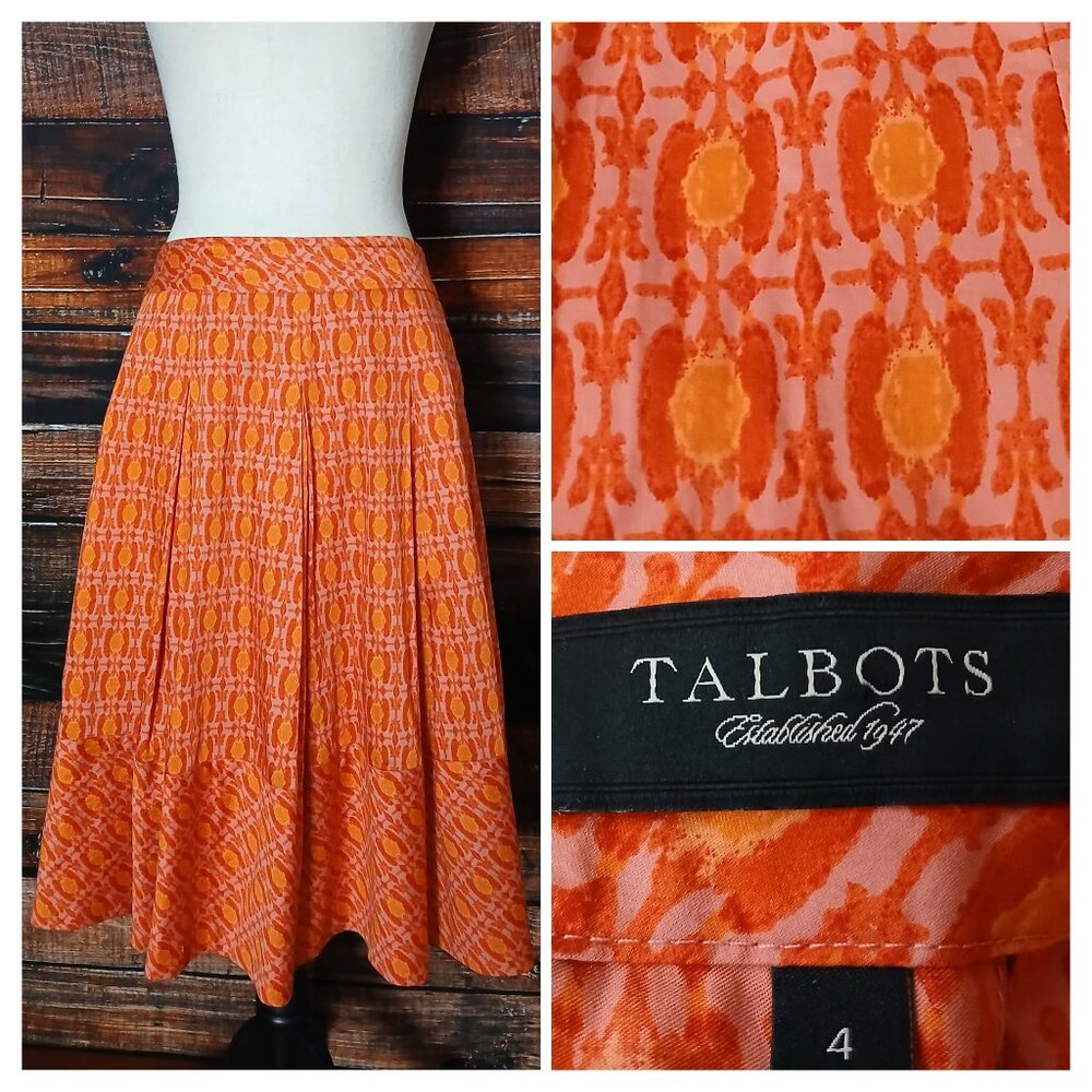 Talbots Pleated Midi Skirt 4 A-Line 100% Cotton Pockets Orange Pink Zip Back